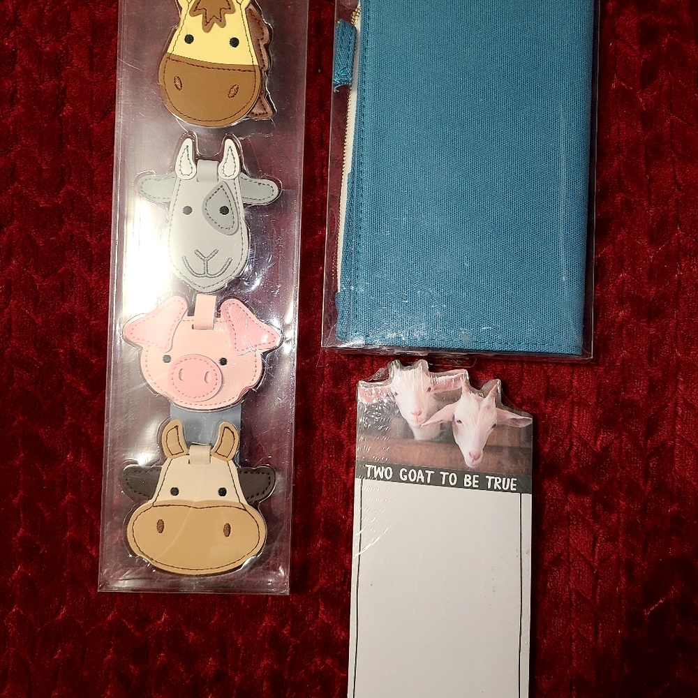 Sticky note pad w goats, luggage tags, blue textile journal